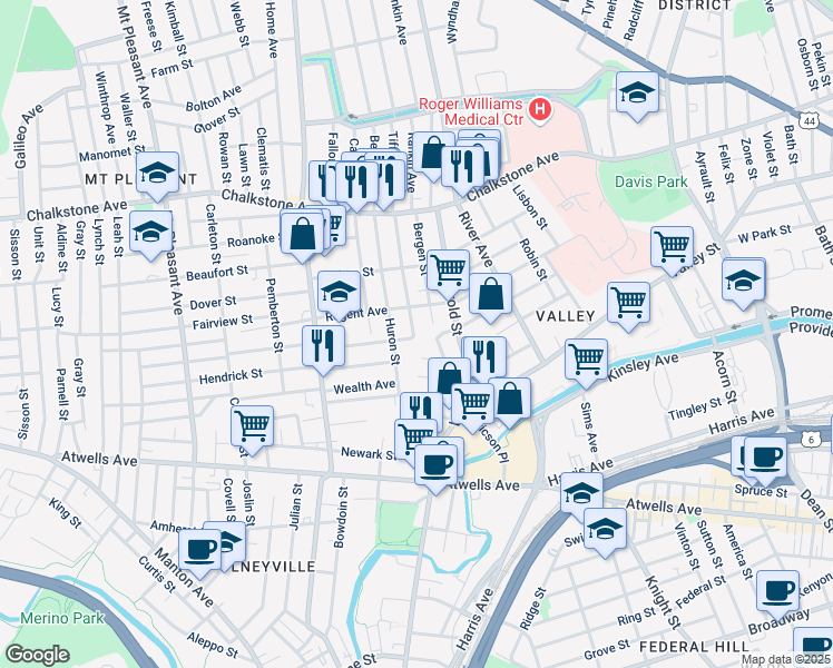 map of restaurants, bars, coffee shops, grocery stores, and more near 3 Alton Street in Providence