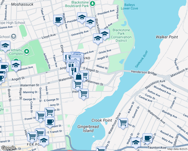 map of restaurants, bars, coffee shops, grocery stores, and more near 216 Medway Street in Providence