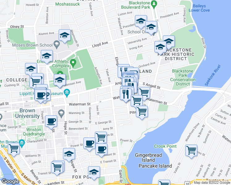 map of restaurants, bars, coffee shops, grocery stores, and more near 65 Medway Street in Providence