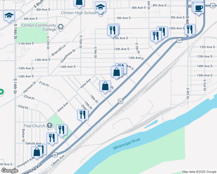 map of restaurants, bars, coffee shops, grocery stores, and more near 227 16th Place in Clinton
