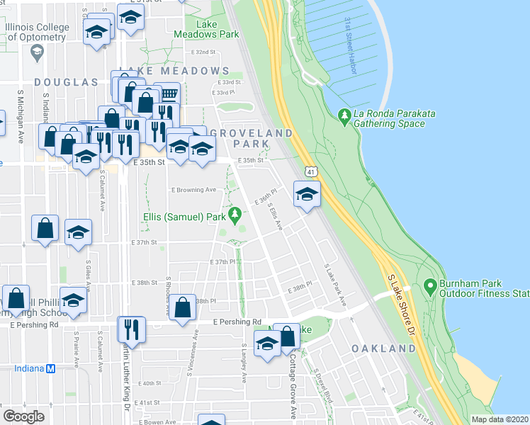 map of restaurants, bars, coffee shops, grocery stores, and more near 3608 South Ellis Avenue in Chicago