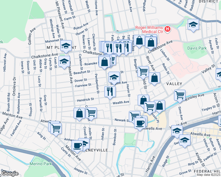 map of restaurants, bars, coffee shops, grocery stores, and more near 145 Academy Avenue in Providence