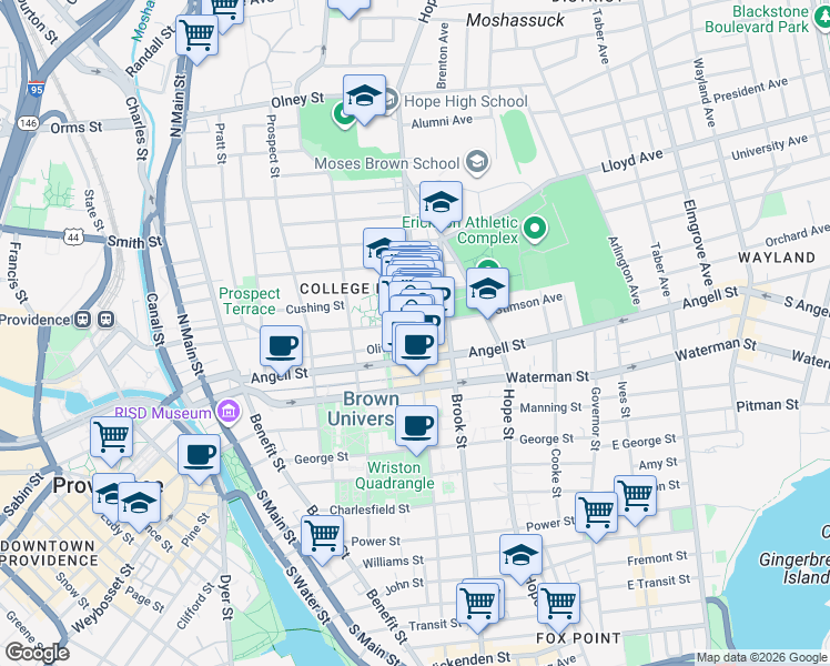 map of restaurants, bars, coffee shops, grocery stores, and more near 260 Thayer Street in Providence