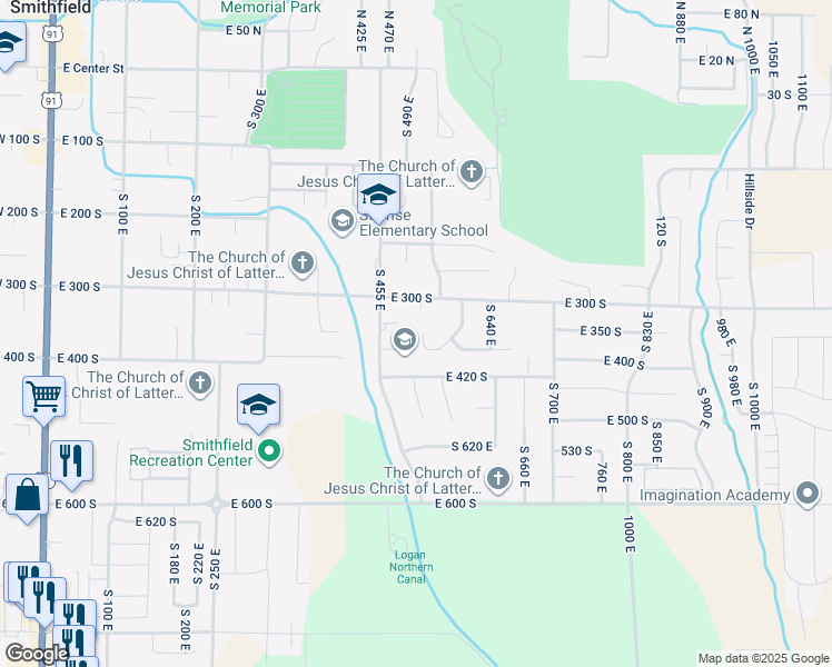 map of restaurants, bars, coffee shops, grocery stores, and more near 347 South 530 East in Smithfield