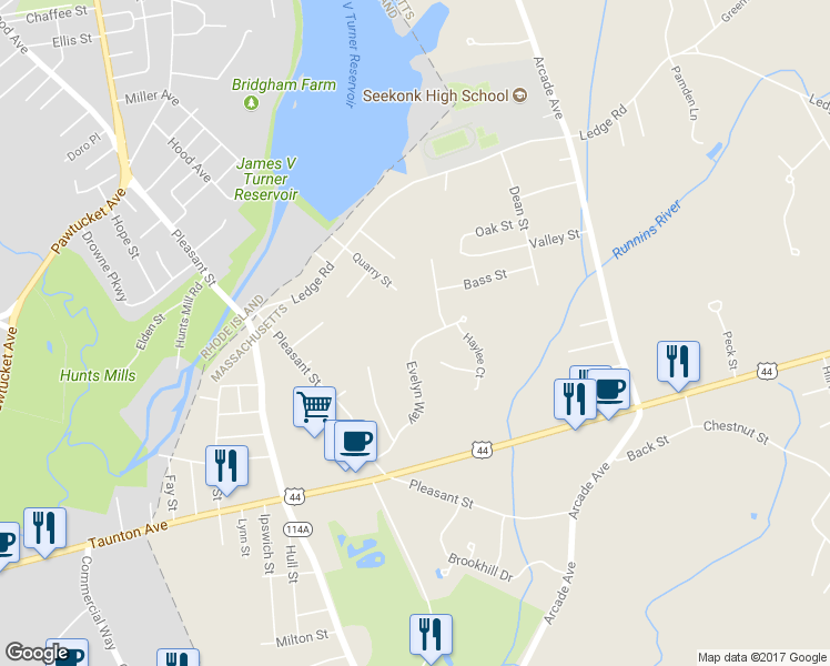 map of restaurants, bars, coffee shops, grocery stores, and more near 20 Evelyn Way in Seekonk
