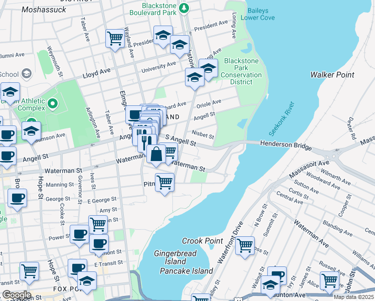 map of restaurants, bars, coffee shops, grocery stores, and more near 163 Butler Avenue in Providence