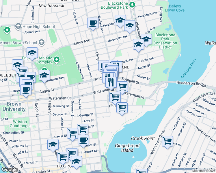 map of restaurants, bars, coffee shops, grocery stores, and more near 161 Wayland Avenue in Providence