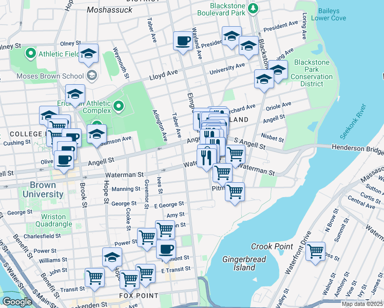 map of restaurants, bars, coffee shops, grocery stores, and more near 218 Waterman Street in Providence