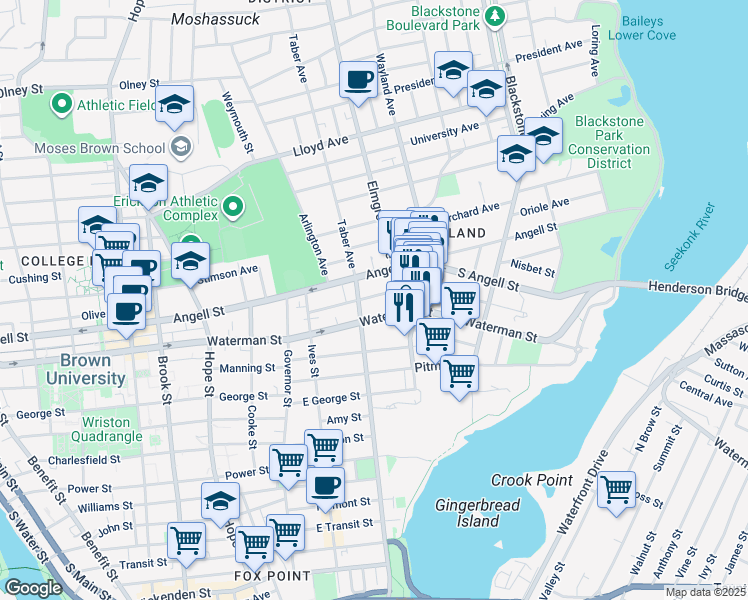 map of restaurants, bars, coffee shops, grocery stores, and more near 218 Waterman Street in Providence