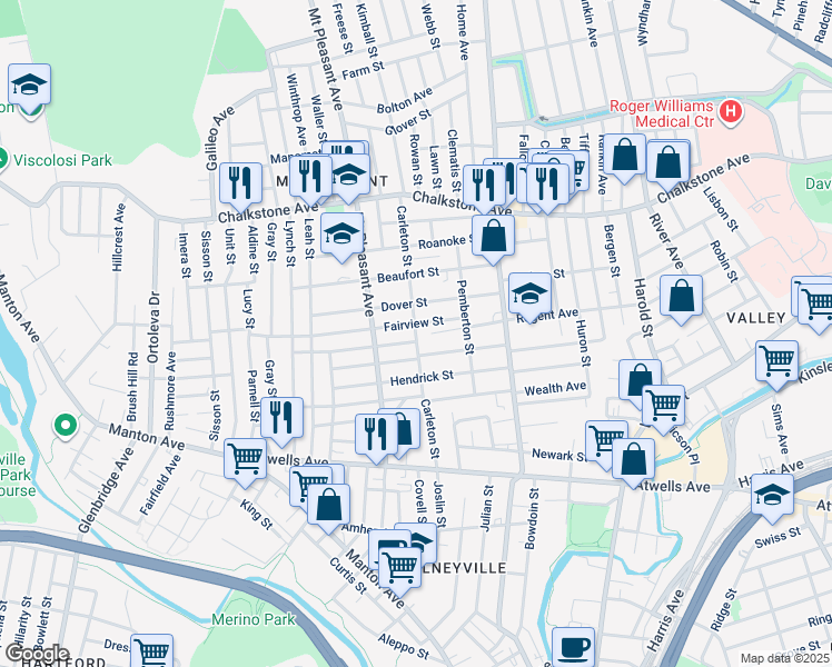 map of restaurants, bars, coffee shops, grocery stores, and more near 60 Fairview Street in Providence