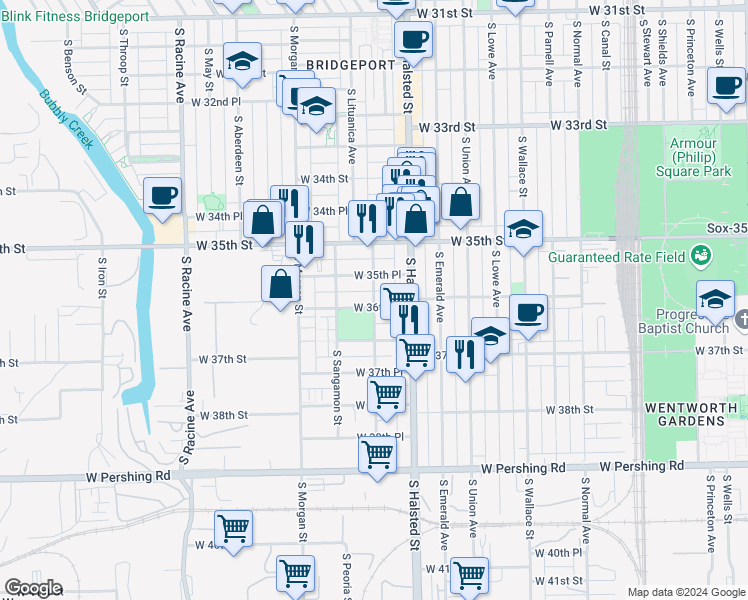 map of restaurants, bars, coffee shops, grocery stores, and more near 902 West 36th Street in Chicago