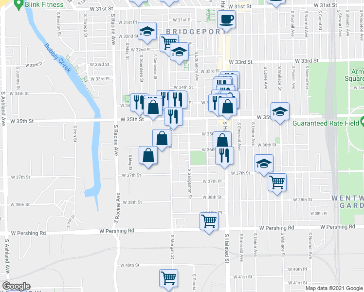 map of restaurants, bars, coffee shops, grocery stores, and more near 944 West 36th Street in Chicago