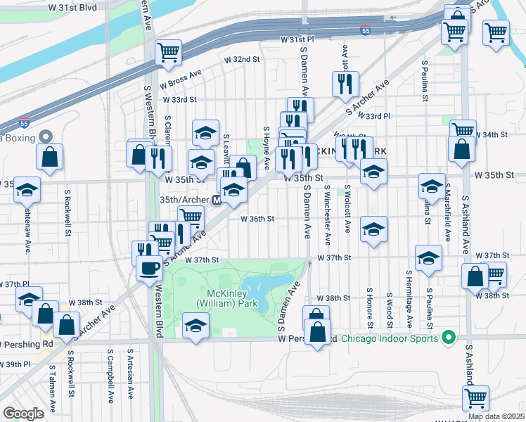map of restaurants, bars, coffee shops, grocery stores, and more near 3544 South Hoyne Avenue in Chicago