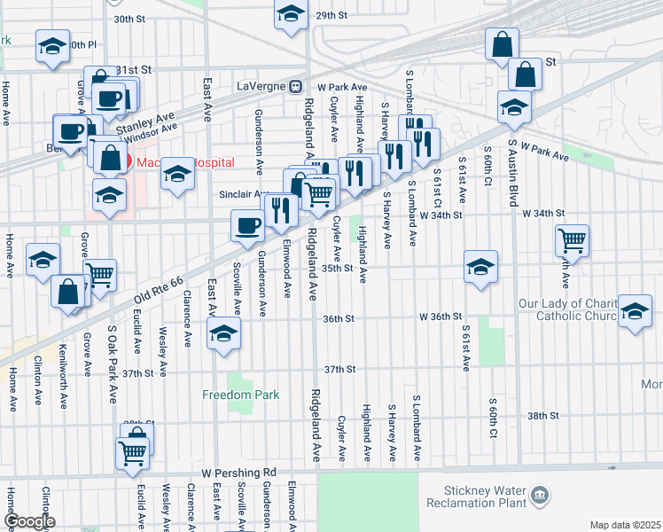 map of restaurants, bars, coffee shops, grocery stores, and more near 3447 Cuyler Avenue in Berwyn