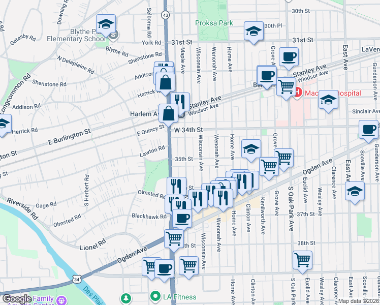 map of restaurants, bars, coffee shops, grocery stores, and more near 3437 Maple Avenue in Berwyn