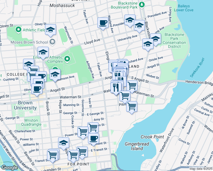 map of restaurants, bars, coffee shops, grocery stores, and more near 67 Medway Street in Providence