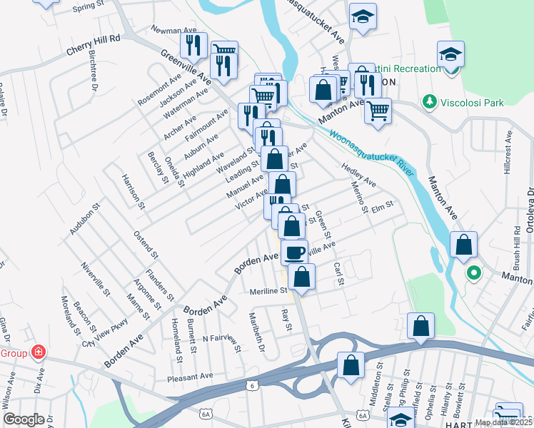 map of restaurants, bars, coffee shops, grocery stores, and more near 6 Dante Avenue in Johnston