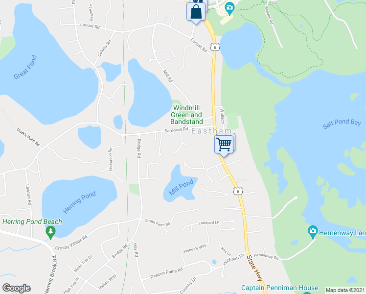 map of restaurants, bars, coffee shops, grocery stores, and more near 165 Samoset Road in Eastham