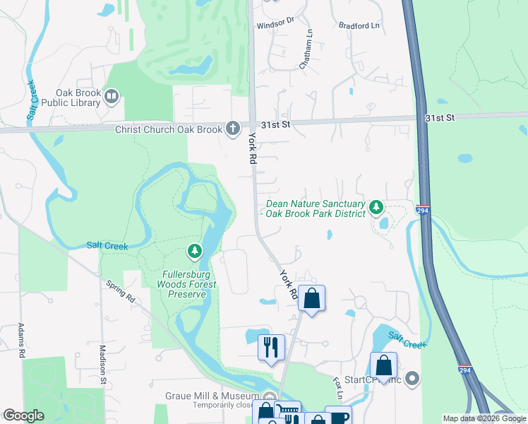 map of restaurants, bars, coffee shops, grocery stores, and more near 3305 York Road in Oak Brook