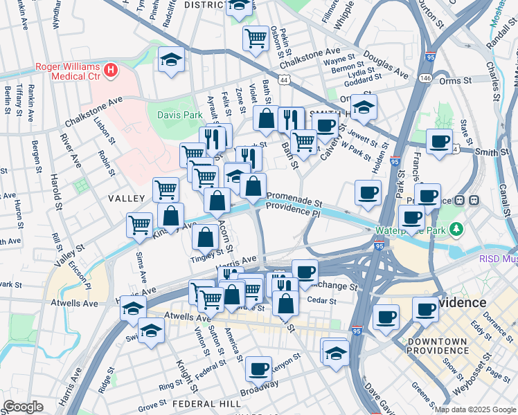 map of restaurants, bars, coffee shops, grocery stores, and more near 252 Providence Place in Providence