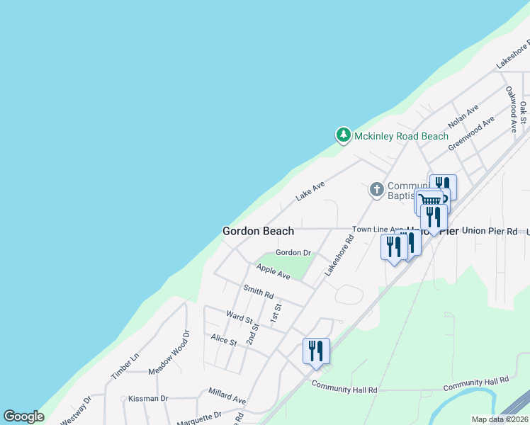 map of restaurants, bars, coffee shops, grocery stores, and more near 16092 Lake Avenue in Union Pier