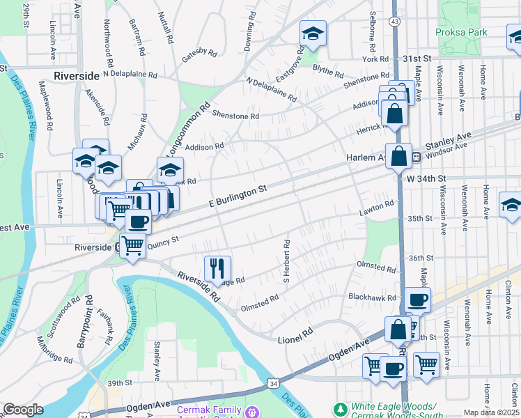 map of restaurants, bars, coffee shops, grocery stores, and more near 176 East Quincy Street in Riverside