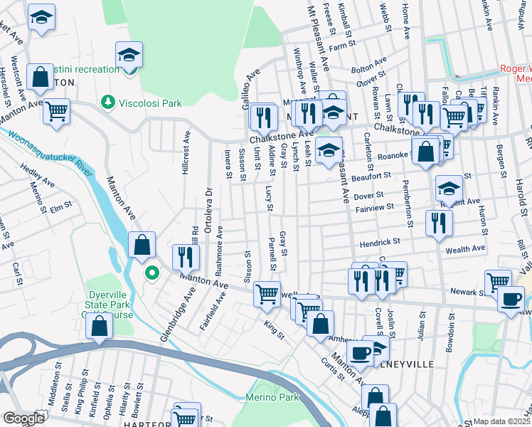 map of restaurants, bars, coffee shops, grocery stores, and more near 4 Lucy Street in Providence
