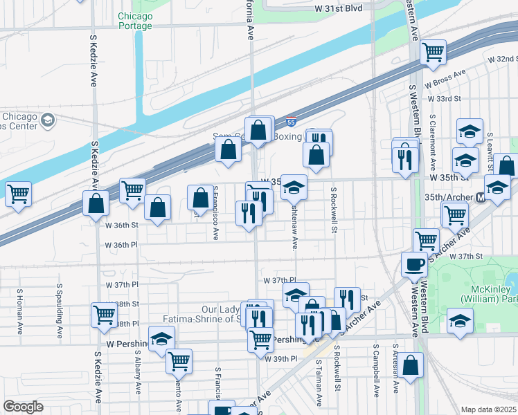 map of restaurants, bars, coffee shops, grocery stores, and more near 3541 South California Avenue in Chicago