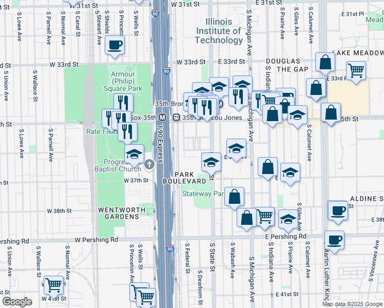 map of restaurants, bars, coffee shops, grocery stores, and more near 41 West 36th Street in Chicago