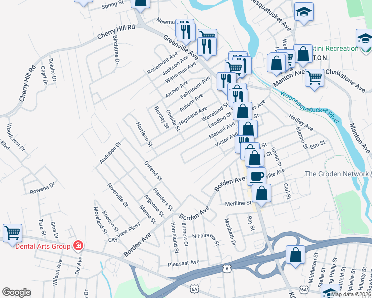 map of restaurants, bars, coffee shops, grocery stores, and more near 105 Manuel Avenue in Johnston