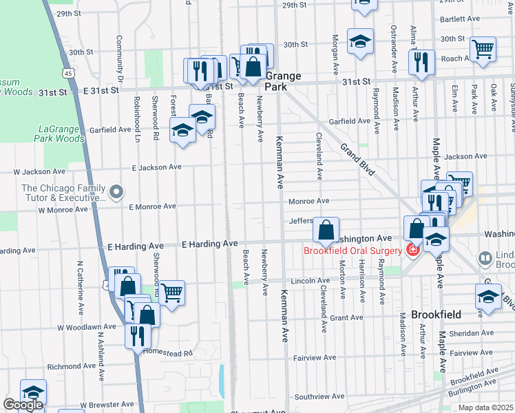 map of restaurants, bars, coffee shops, grocery stores, and more near 736 Newberry Avenue in La Grange Park