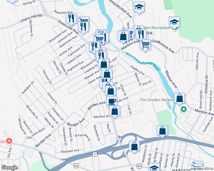 map of restaurants, bars, coffee shops, grocery stores, and more near 627 Killingly Street in Johnston