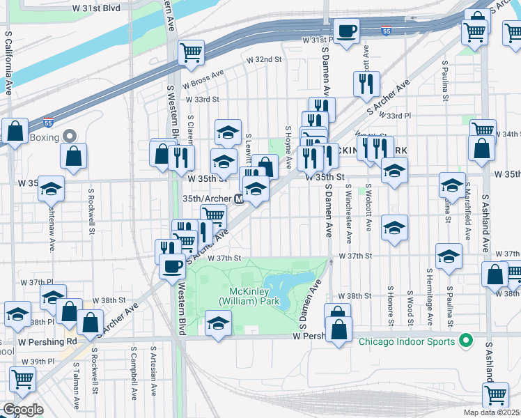 map of restaurants, bars, coffee shops, grocery stores, and more near 3571 South Archer Avenue in Chicago