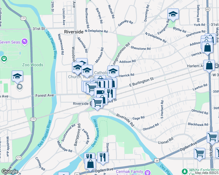 map of restaurants, bars, coffee shops, grocery stores, and more near 48 East Burlington Street in Riverside