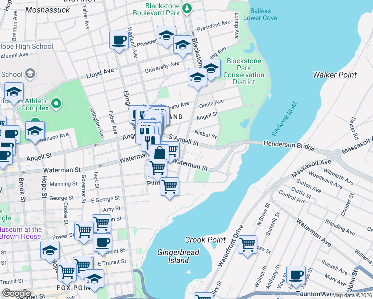 map of restaurants, bars, coffee shops, grocery stores, and more near 163 Butler Avenue in Providence