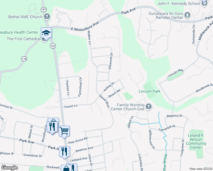 map of restaurants, bars, coffee shops, grocery stores, and more near 12 Kelsey Place in Bloomfield