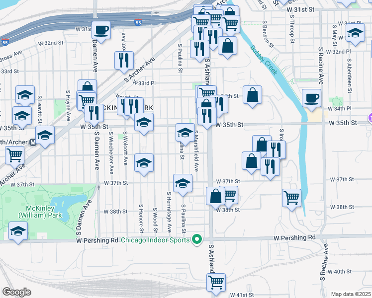 map of restaurants, bars, coffee shops, grocery stores, and more near 3537 South Paulina Street in Chicago