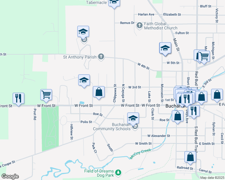 map of restaurants, bars, coffee shops, grocery stores, and more near 115 Chippewa Street in Buchanan