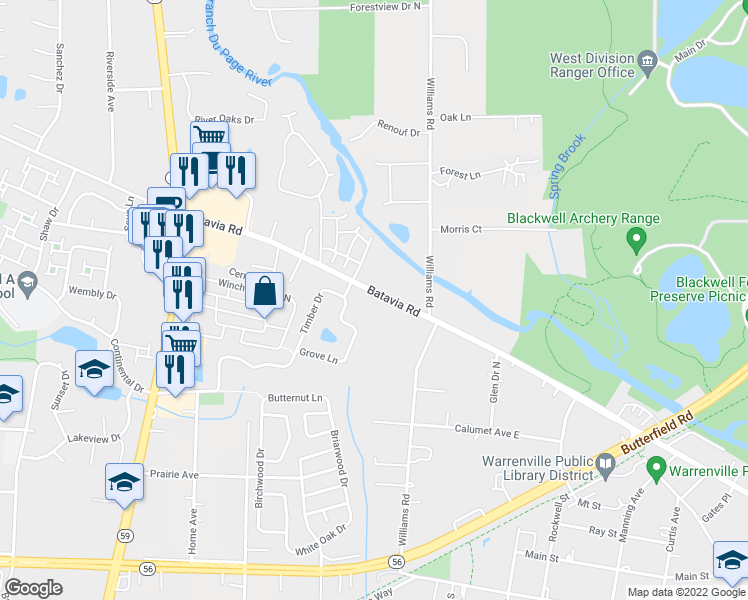 map of restaurants, bars, coffee shops, grocery stores, and more near 29W303 Batavia Road in Warrenville