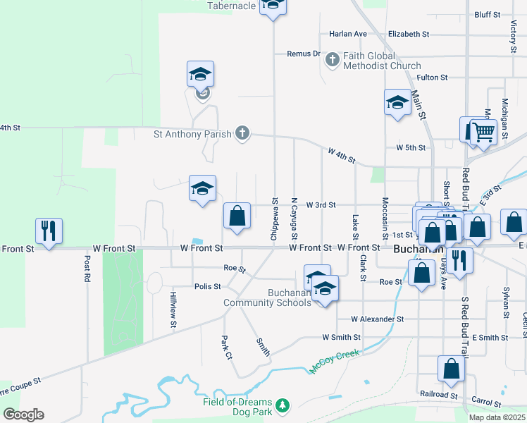 map of restaurants, bars, coffee shops, grocery stores, and more near 115 Chippewa Street in Buchanan