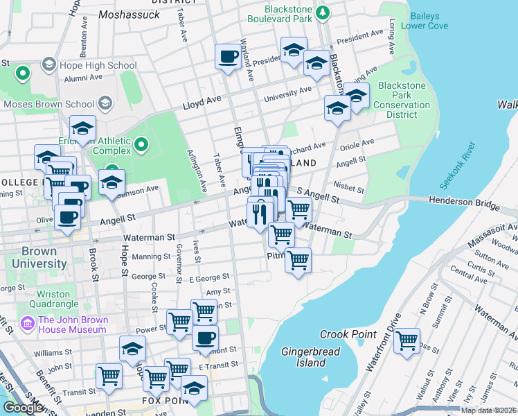 map of restaurants, bars, coffee shops, grocery stores, and more near 105 Medway Street in Providence