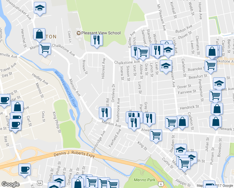 map of restaurants, bars, coffee shops, grocery stores, and more near 114 Rushmore Avenue in Providence