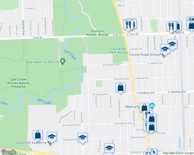 map of restaurants, bars, coffee shops, grocery stores, and more near 803 North Stone Avenue in La Grange Park