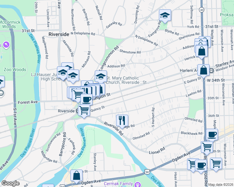 map of restaurants, bars, coffee shops, grocery stores, and more near 115 East Burlington Street in Riverside