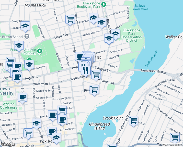 map of restaurants, bars, coffee shops, grocery stores, and more near 155 Medway Street in Providence