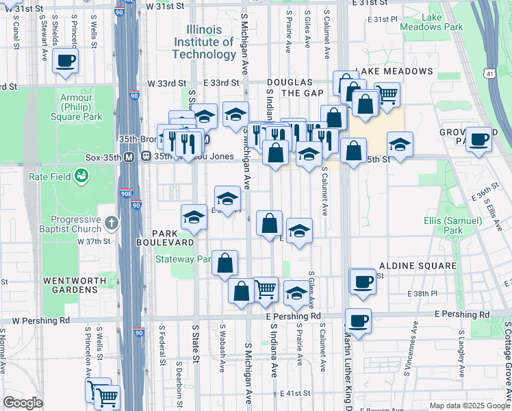 map of restaurants, bars, coffee shops, grocery stores, and more near 3617 South Michigan Avenue in Chicago
