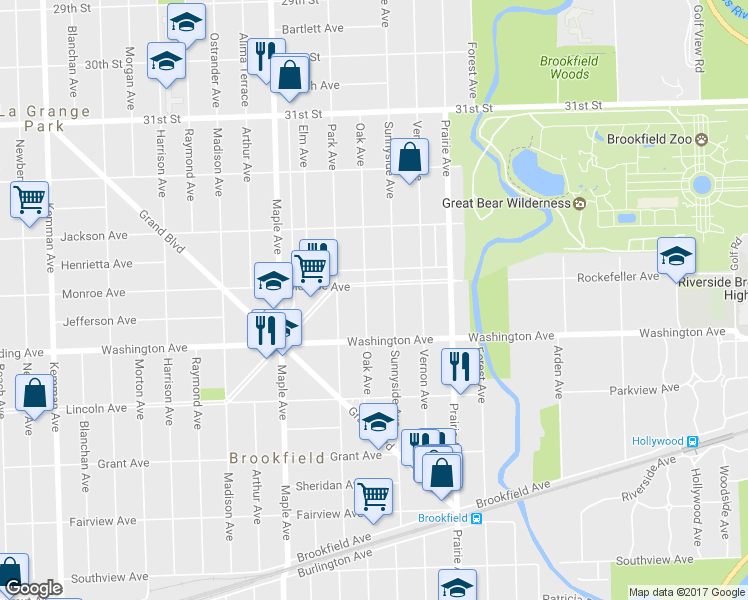 map of restaurants, bars, coffee shops, grocery stores, and more near 3413 Oak Avenue in Brookfield