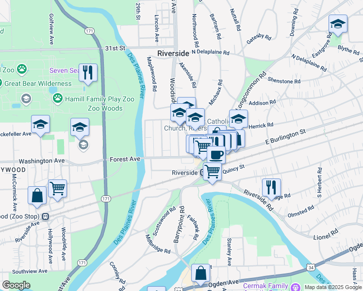 map of restaurants, bars, coffee shops, grocery stores, and more near 63 Kimbark Road in Riverside