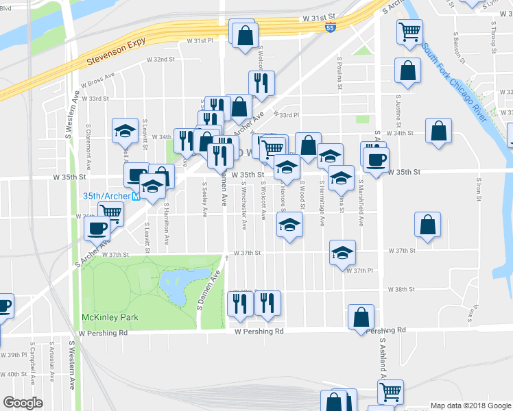 map of restaurants, bars, coffee shops, grocery stores, and more near 3550 South Wolcott Avenue in Chicago
