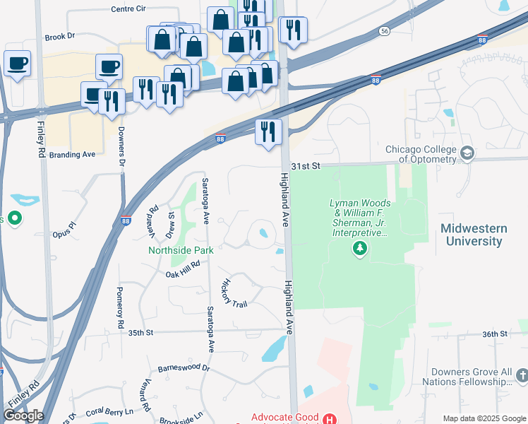 map of restaurants, bars, coffee shops, grocery stores, and more near 1040 Braemoor Drive in Downers Grove
